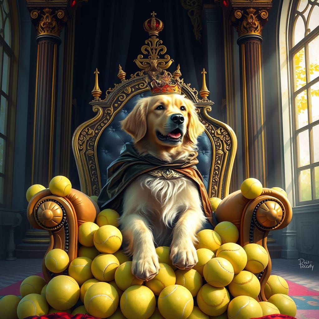 Regal Golden Retriever in Vibrant Disney-Inspired Throne Roo...