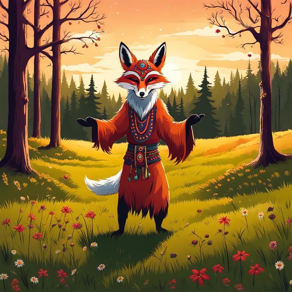 Fox Mask Shaman's Wild Dance in Forest
