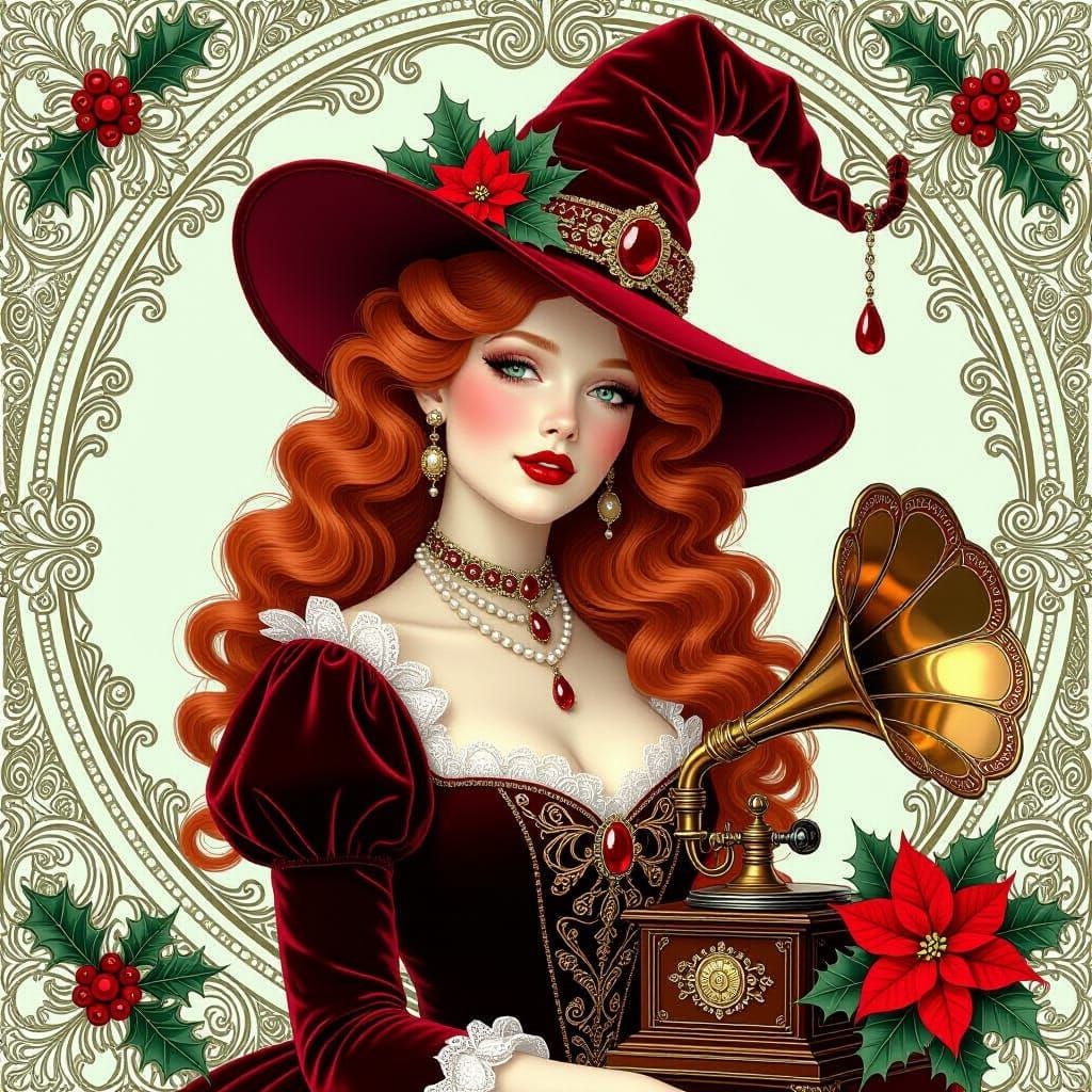 Art Nouveau Redhead Witch with Baroque Gramophone