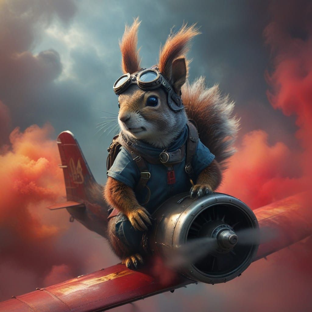 Surreal Steampunk Squirrel Soars Through Colorful Mist