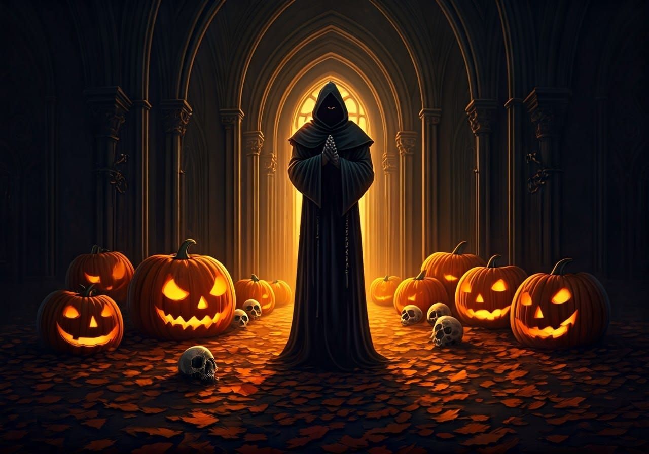 Eerie Autumnal Scene with Dark Figure and Jack-o-Lanterns