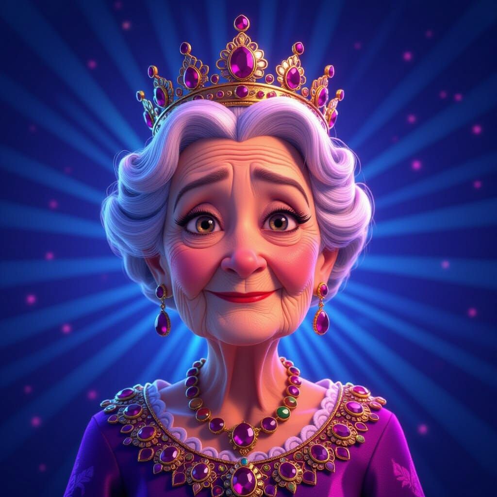 Elderly Man Transforms into Radiant Queen in Pixar Style