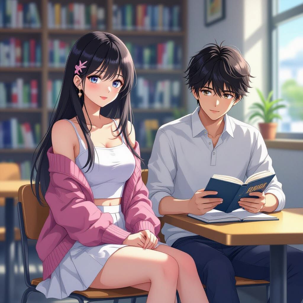 Anime Style Library Scene: Girl and Boy Reading