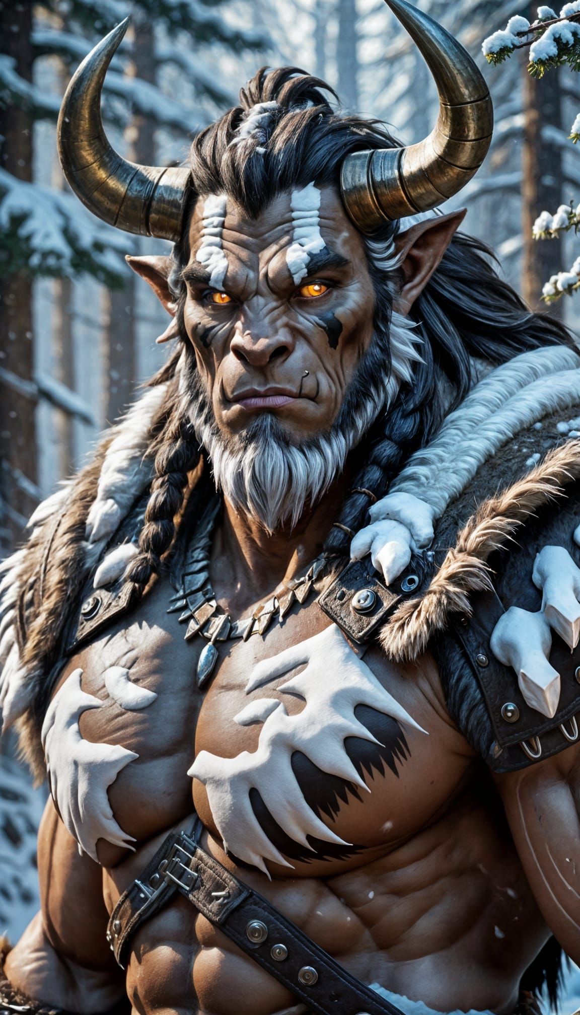 Hyperrealistic Minotaur in Snowy Forest, Warcraft Style