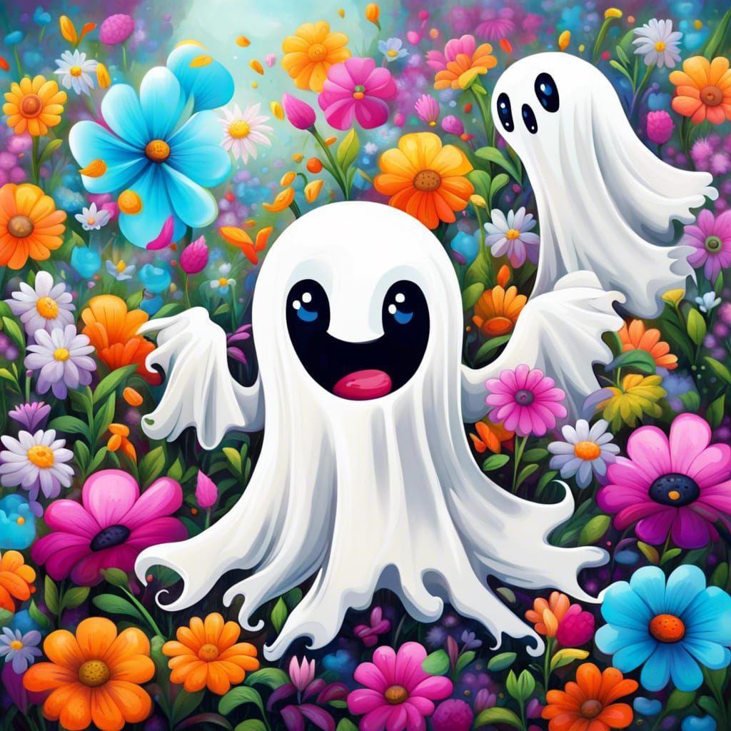 Cute Ghost Floating Over Flower Garden in Graffiti Art
