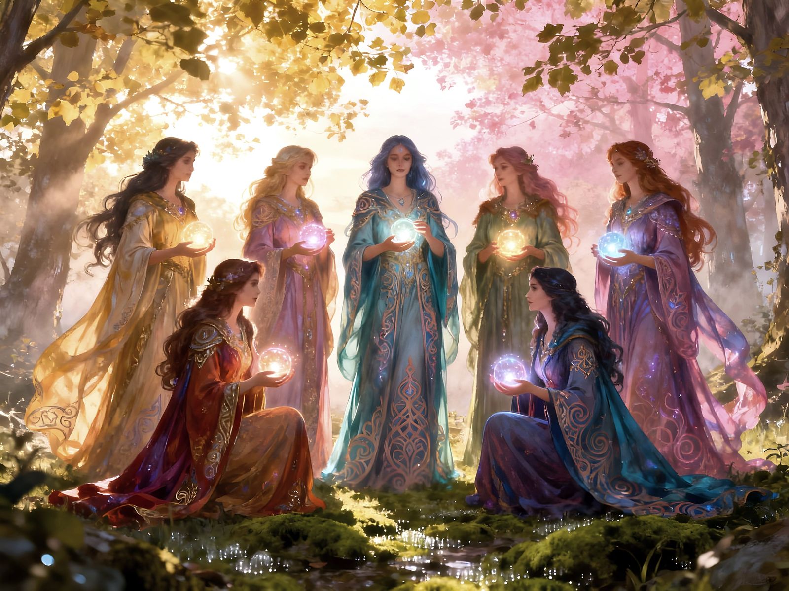 Colorful Sorceress Gathering in Enchanted Forest at Dawn