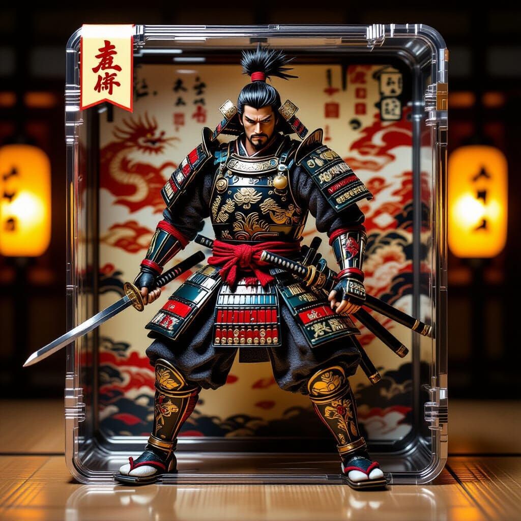 Samurai Action Figure in Ornate Armor, Hyper-Realistic Style