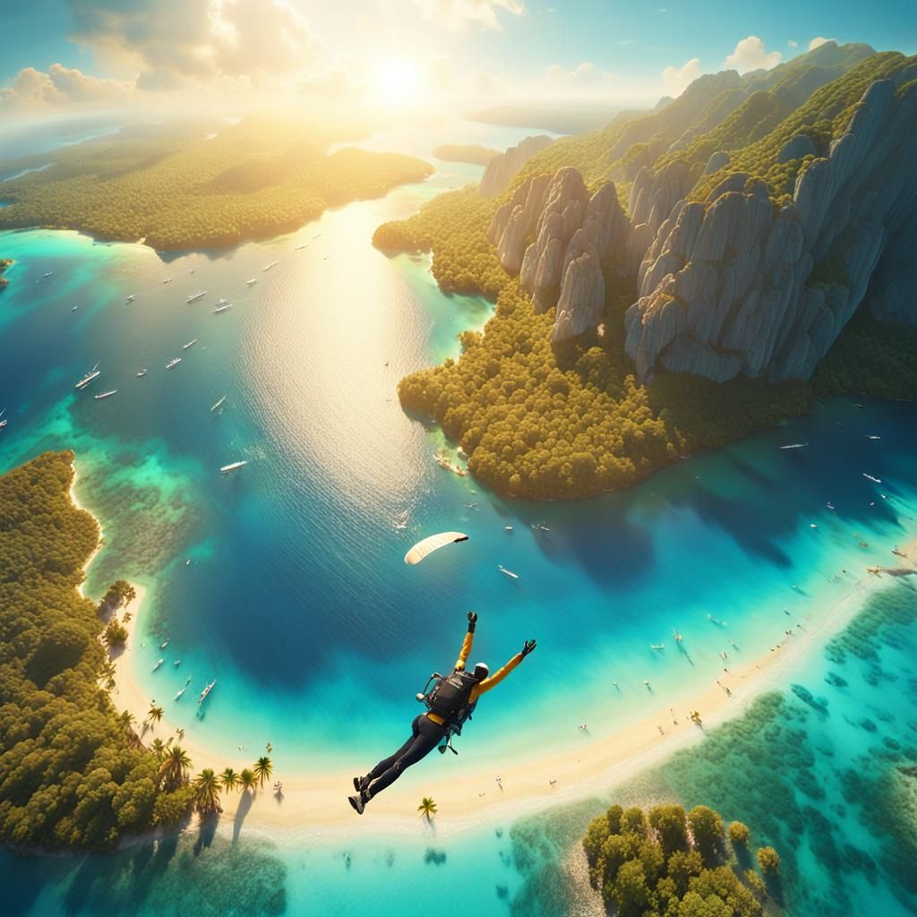 Skydiver Over Tropical Waters: Cinematic Digital Painting