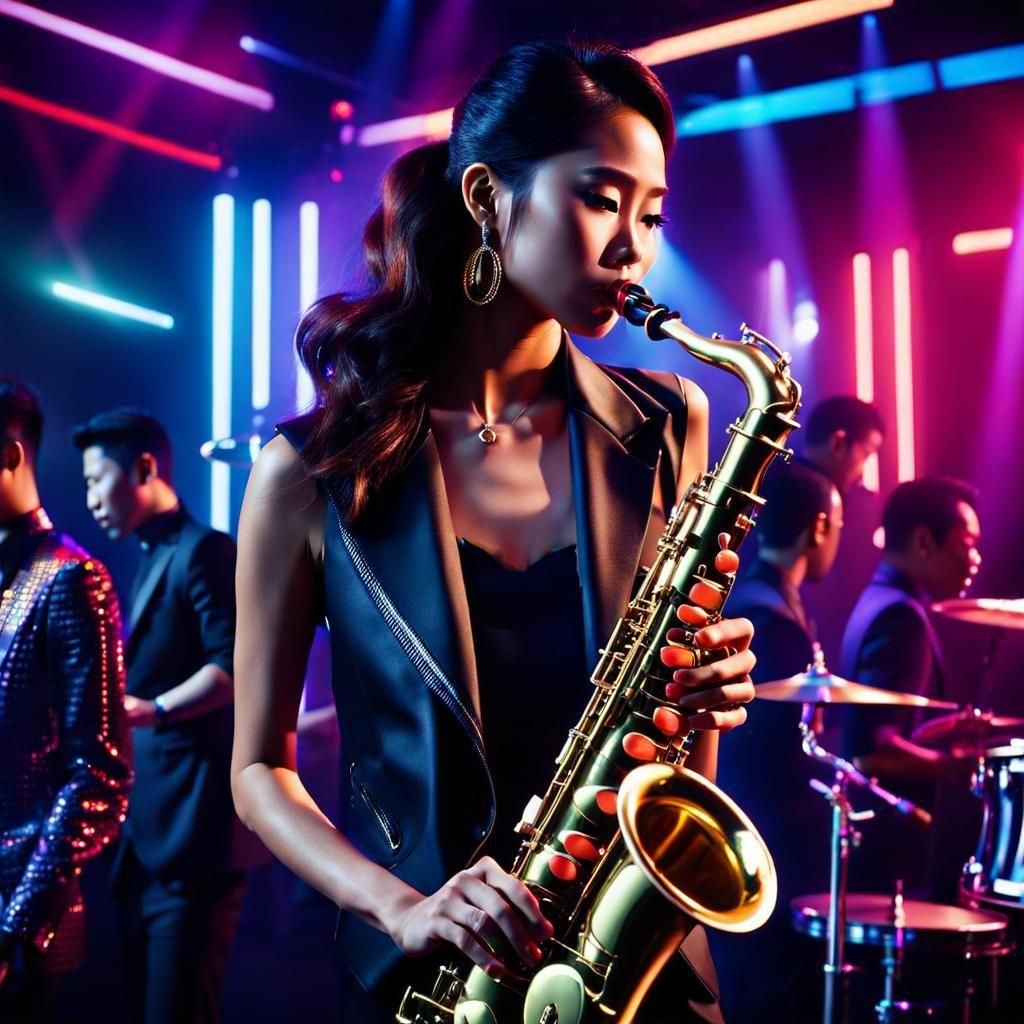 Vietnamese Woman Plays Saxophone in Neon Nightclub