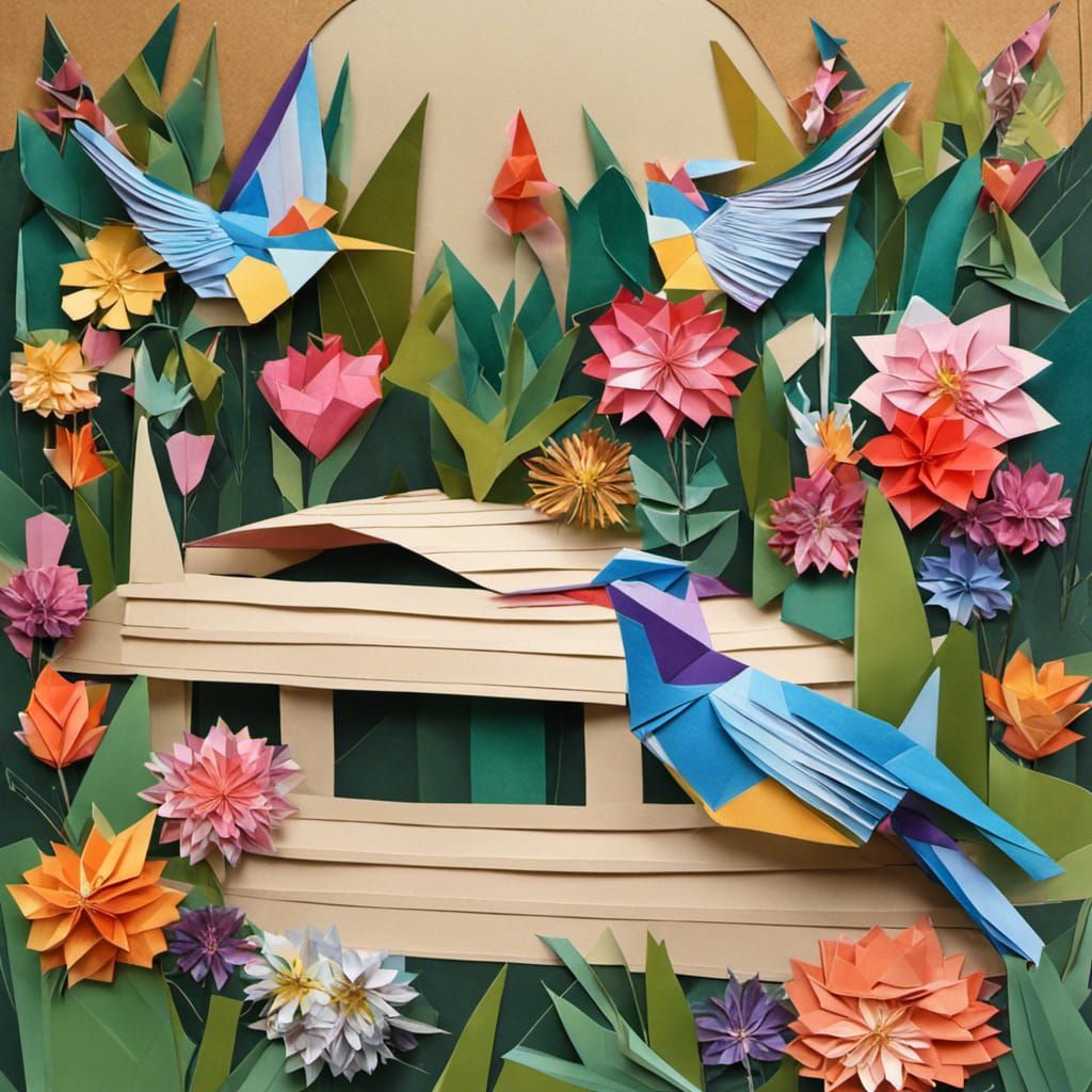 Origami Garden Bridge with Flowers and Birds