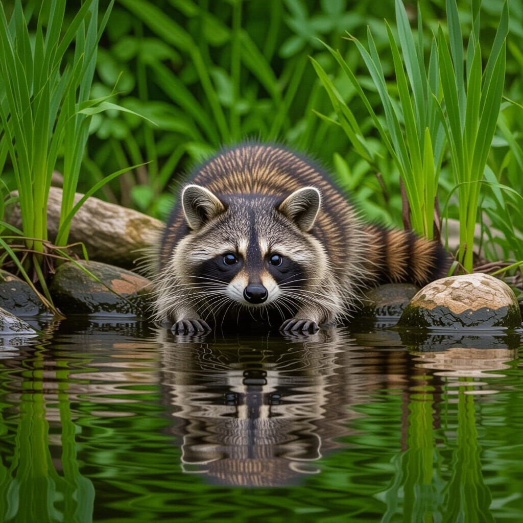 Still Water Reflects Raccoon and Nature Scene