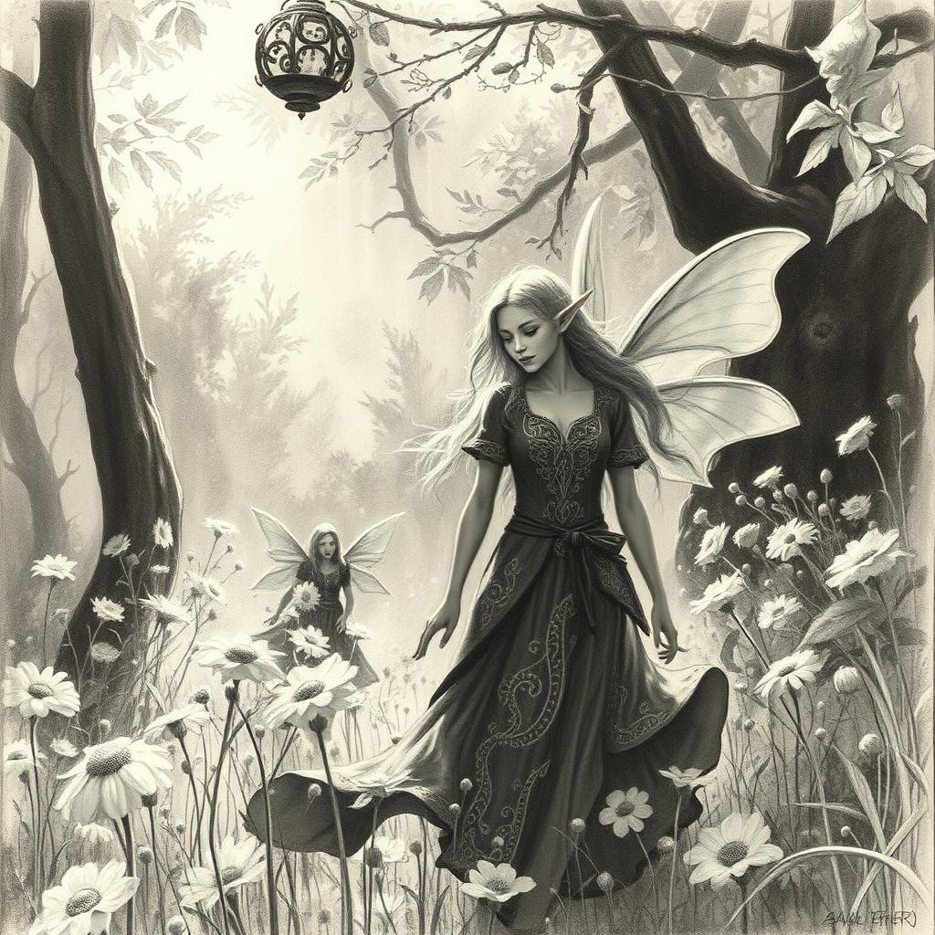 Elves Dancing in Forest: Hyperdetailed Charcoal Drawing