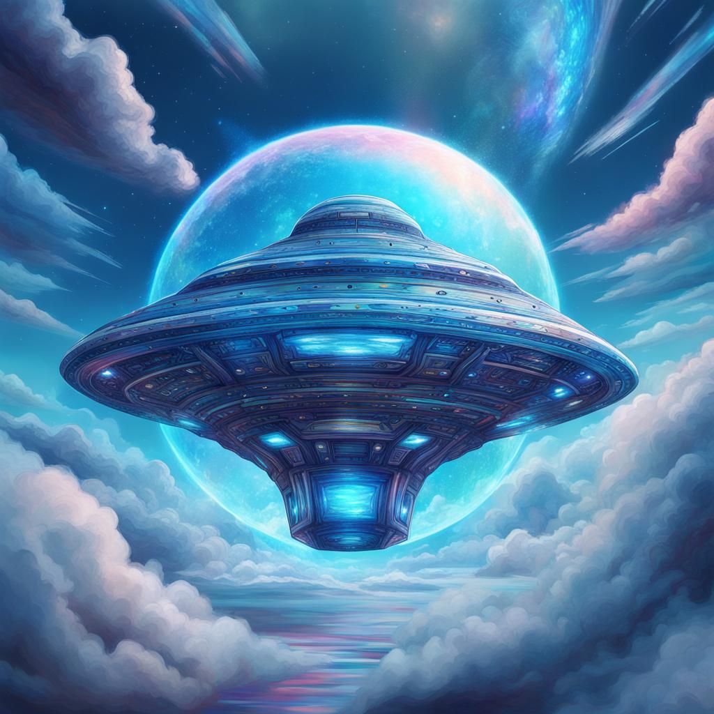 Cosmic Spaceship Cloaked in Clouds: Astral Illustration