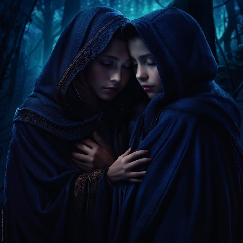 Children Comforting Each Other in Dark Fantasy Forest