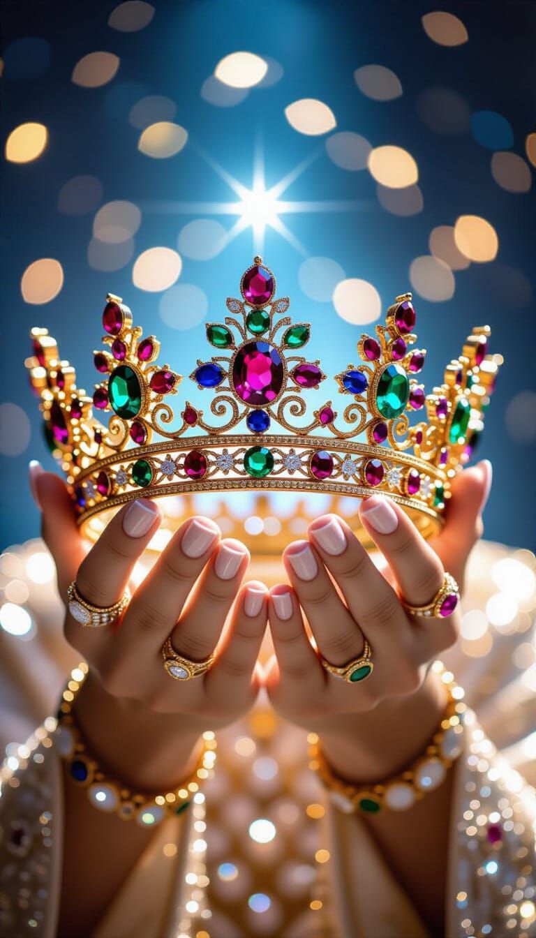Ornate Royal Crown in Jeweled Hands, Cosmic Splendor