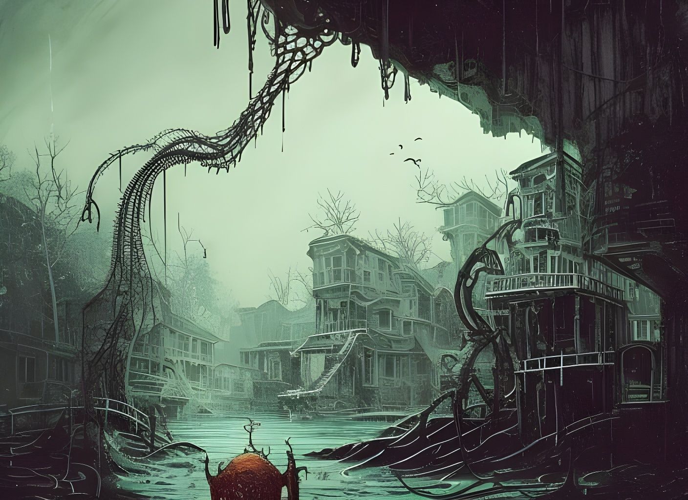 Lovecraftian Fishing Town: Gritty Watercolor Art