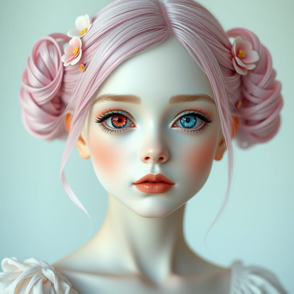 Dreamy Woman with Pink Flower Buns Digital Art