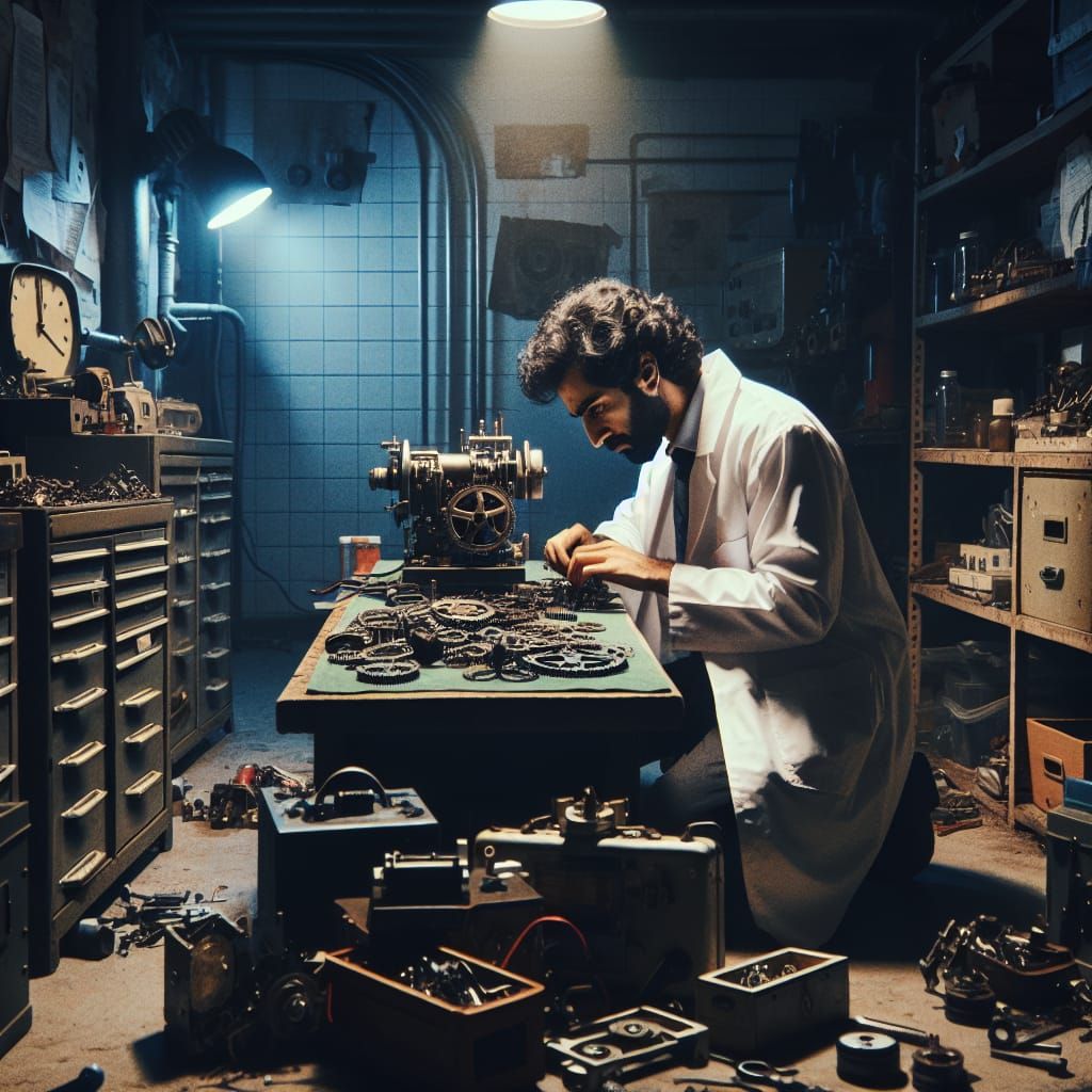 Scientist Builds Robot in Basement Lab, Vintage Movie Style