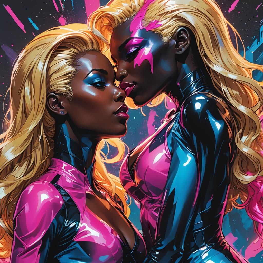 Goddesses in Neon Latex Suits Share a Kiss in Vibrant Comic...