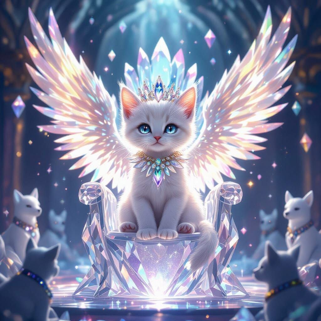 Crystal Kitten Queen on a Throne in Digital Painting Style