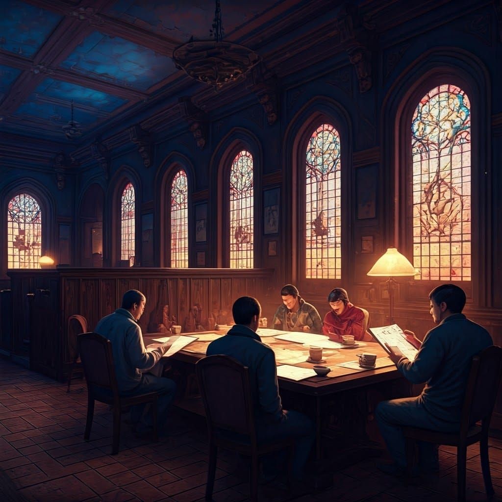 Intricate Night Cafe Scene with Fantastical Artwork