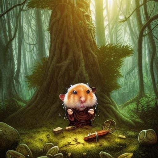 Hamster Druid Meditating in Forest: Comic Book Art
