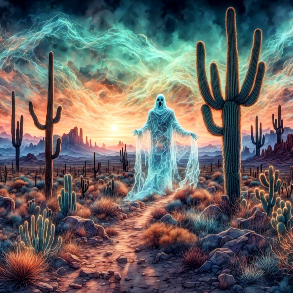 Ghostly Miner in Desert at Twilight: Digital Ink Art