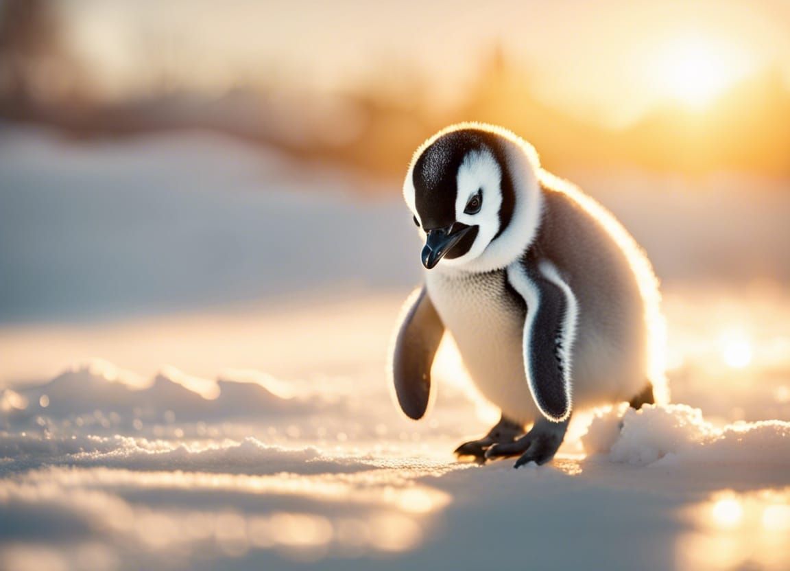 Cute Penguin Walks on Snow at Sunset