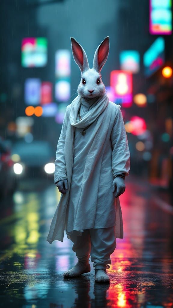 Rabbit Man in Dothi on Rainy Street in Noir Style