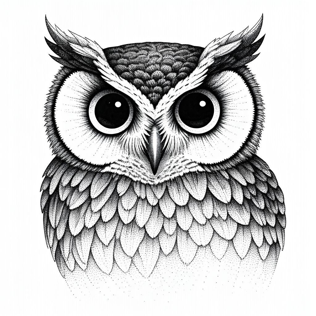 Stippling Illustration of an Owl with Large Eyes