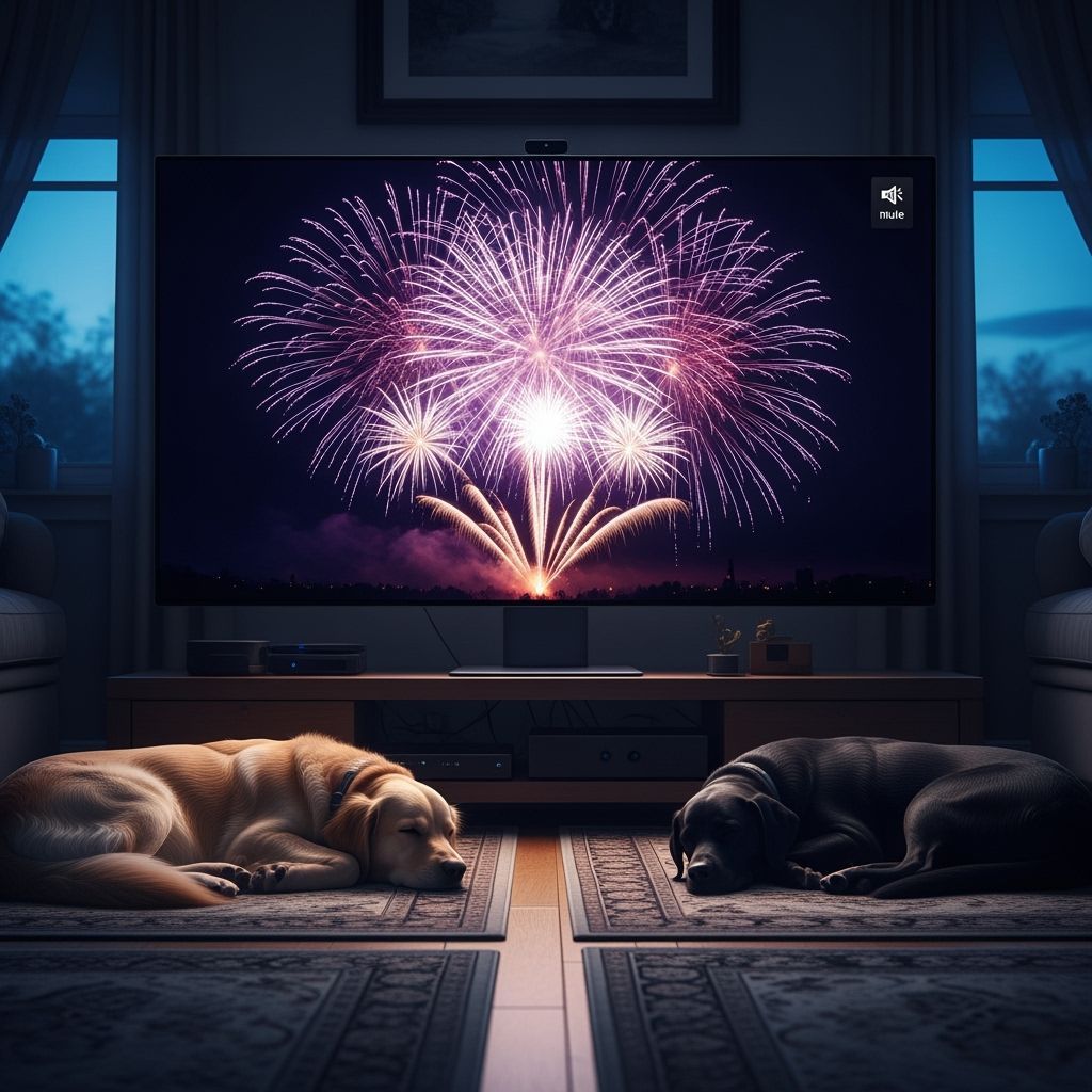 Fireworks on Monitor Watched by Sleeping Dogs