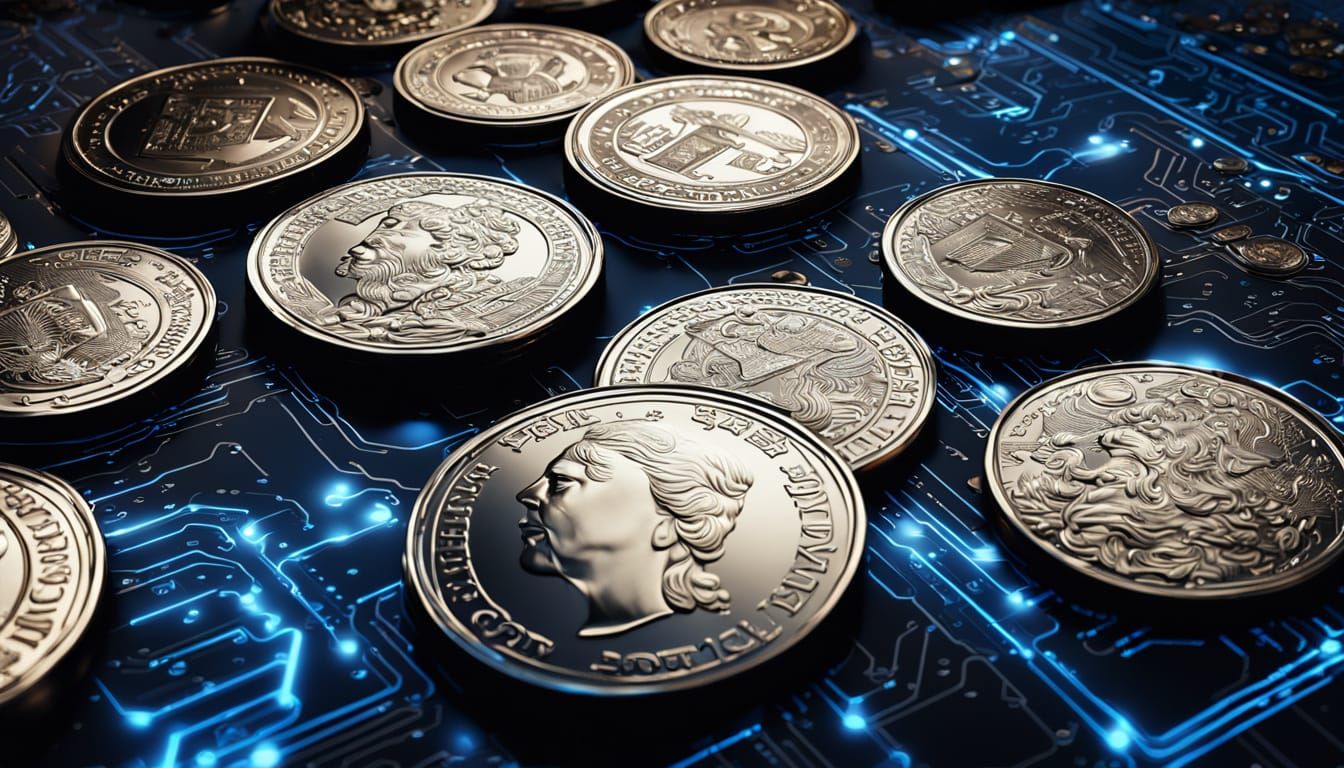 Futuristic Coins with Circuitry in Photorealistic Style