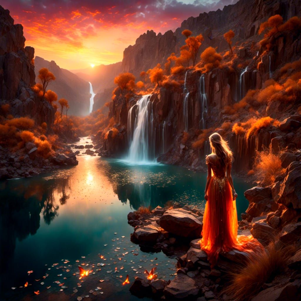 Enchanting Nymph Rising from Lake at Sunset