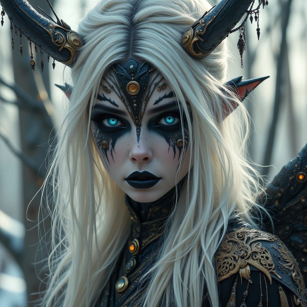 Dark Fantasy Elf Portrait with White Hair and Blue Eyes