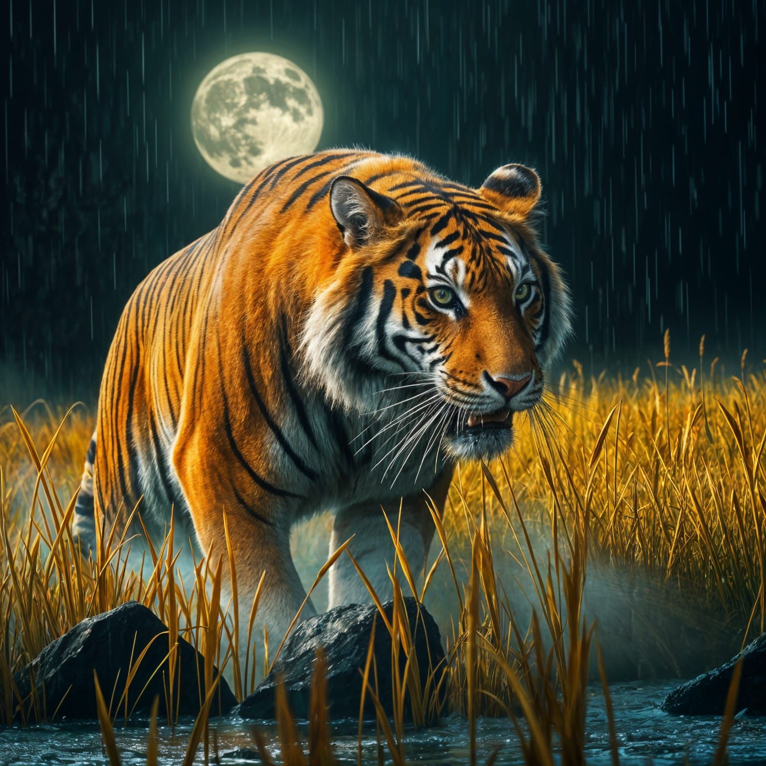 Orange Tiger in Rainy Moonlight