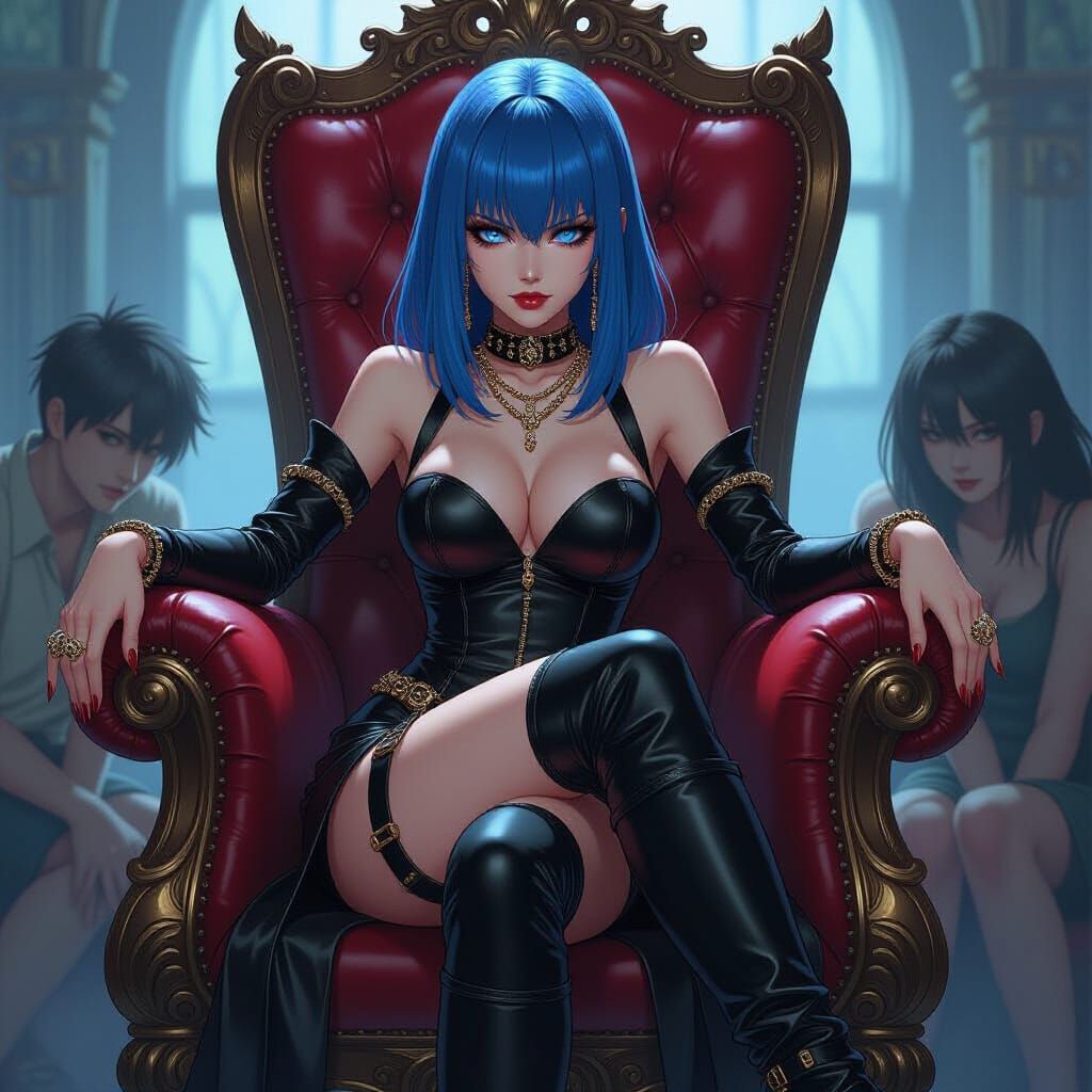 Anime-Style Evil Mistress on Throne with Blue Hair
