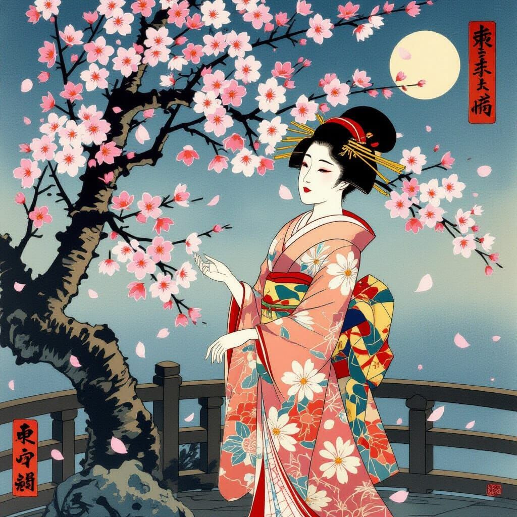 Fragile Cherry Blossoms in Moonlight: Ukiyo-e Style