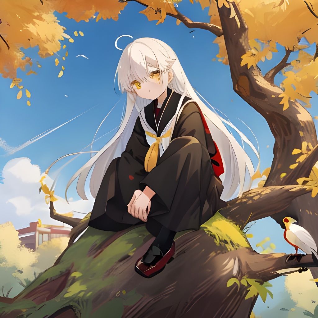 Boy with Crane under Willow Tree Illustration