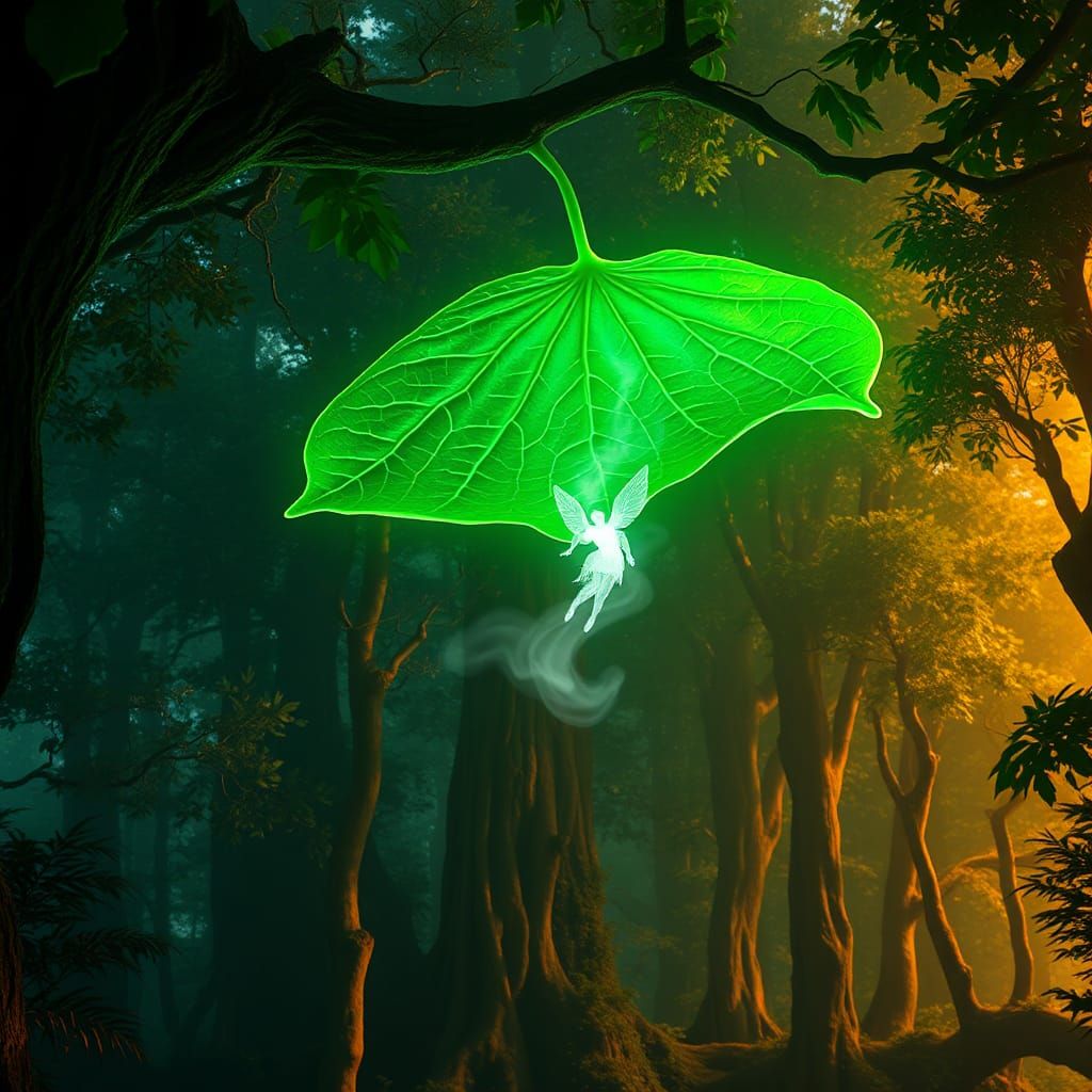 Glowing Leaf Releases Divine Being in Dreamlike Forest