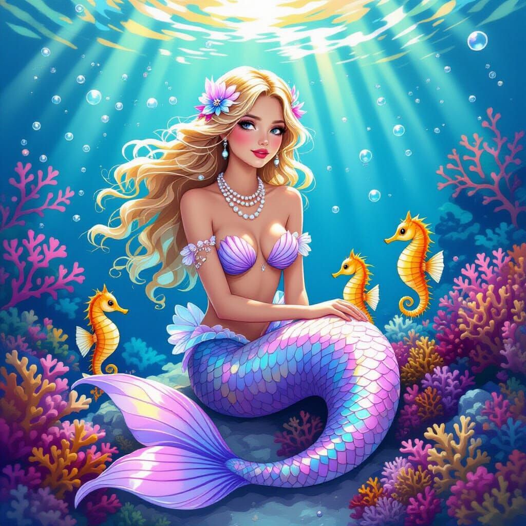 Golden-Haired Mermaid with Seahorses in Coral Reef