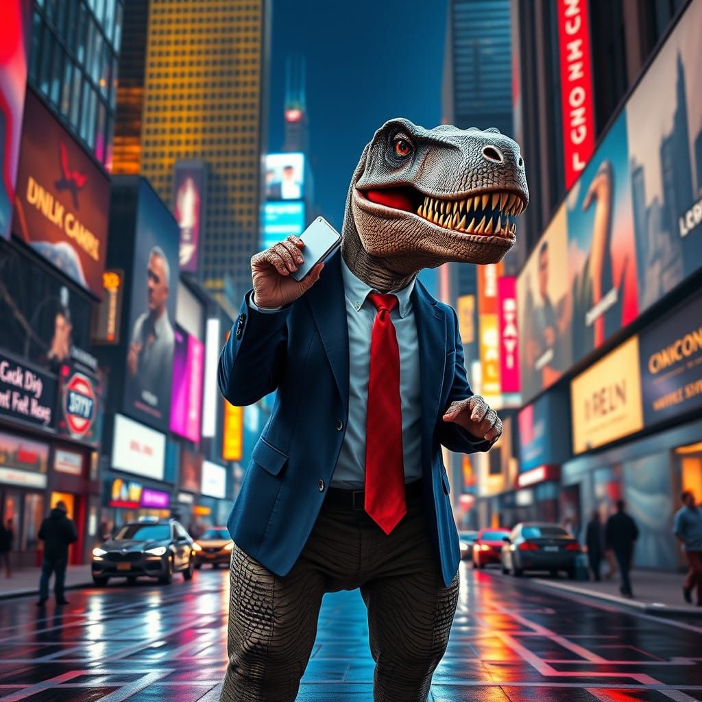 Confident T-Rex Executive in Times Square