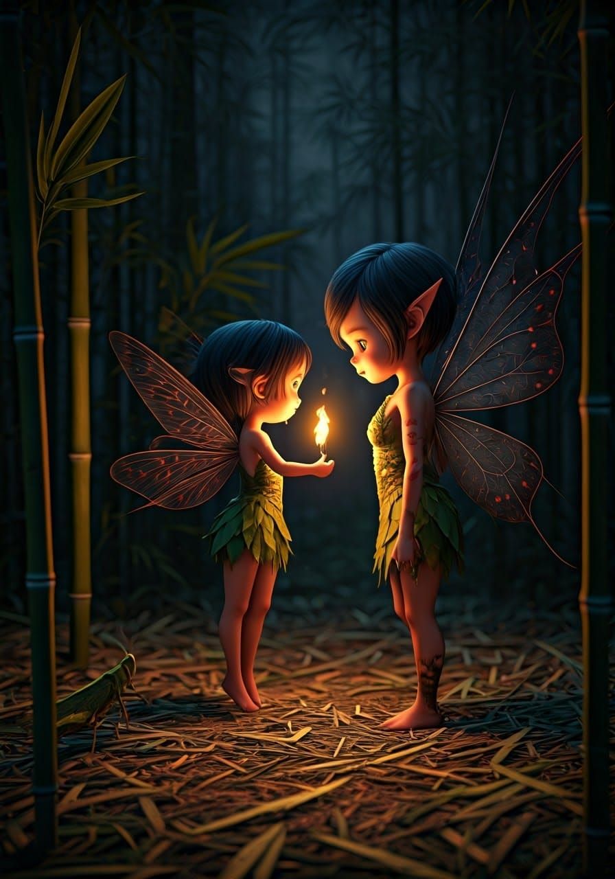 Chibi Fairy Ignites Curiosity in Dark Bamboo Grove
