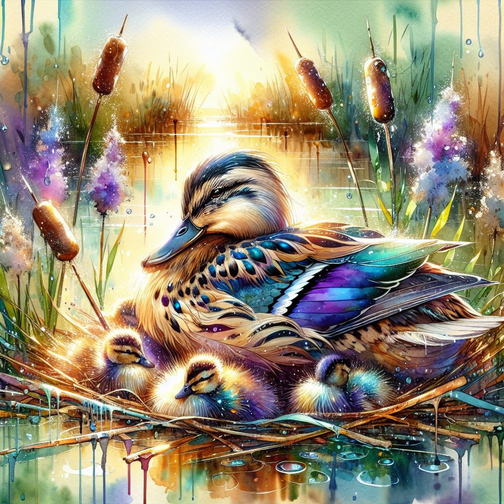 Iridescent Duck and Ducklings in Watercolor
