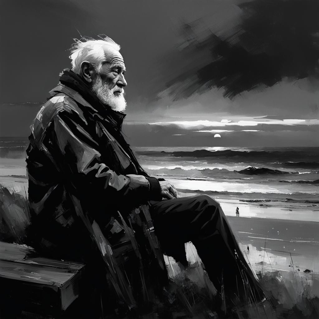 Monochrome Portrait of Old Man by Seaside