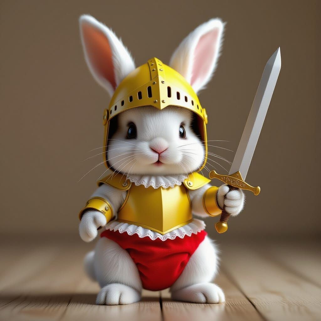 Adorable Baby Rabbit Knight in Cardboard Armor