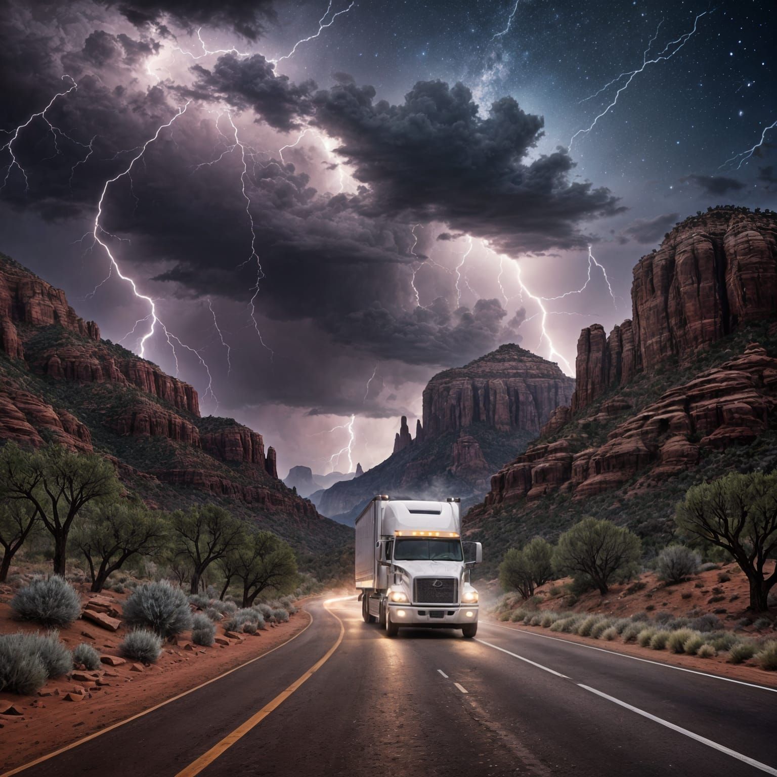 Semi Truck Navigates Sedona Desert Lightning Storm