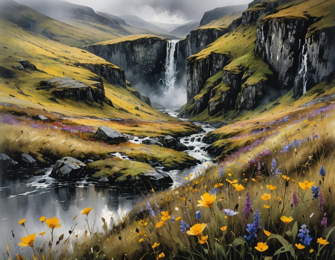 Scottish Highlands Wildflower Field, Watercolor Illustration