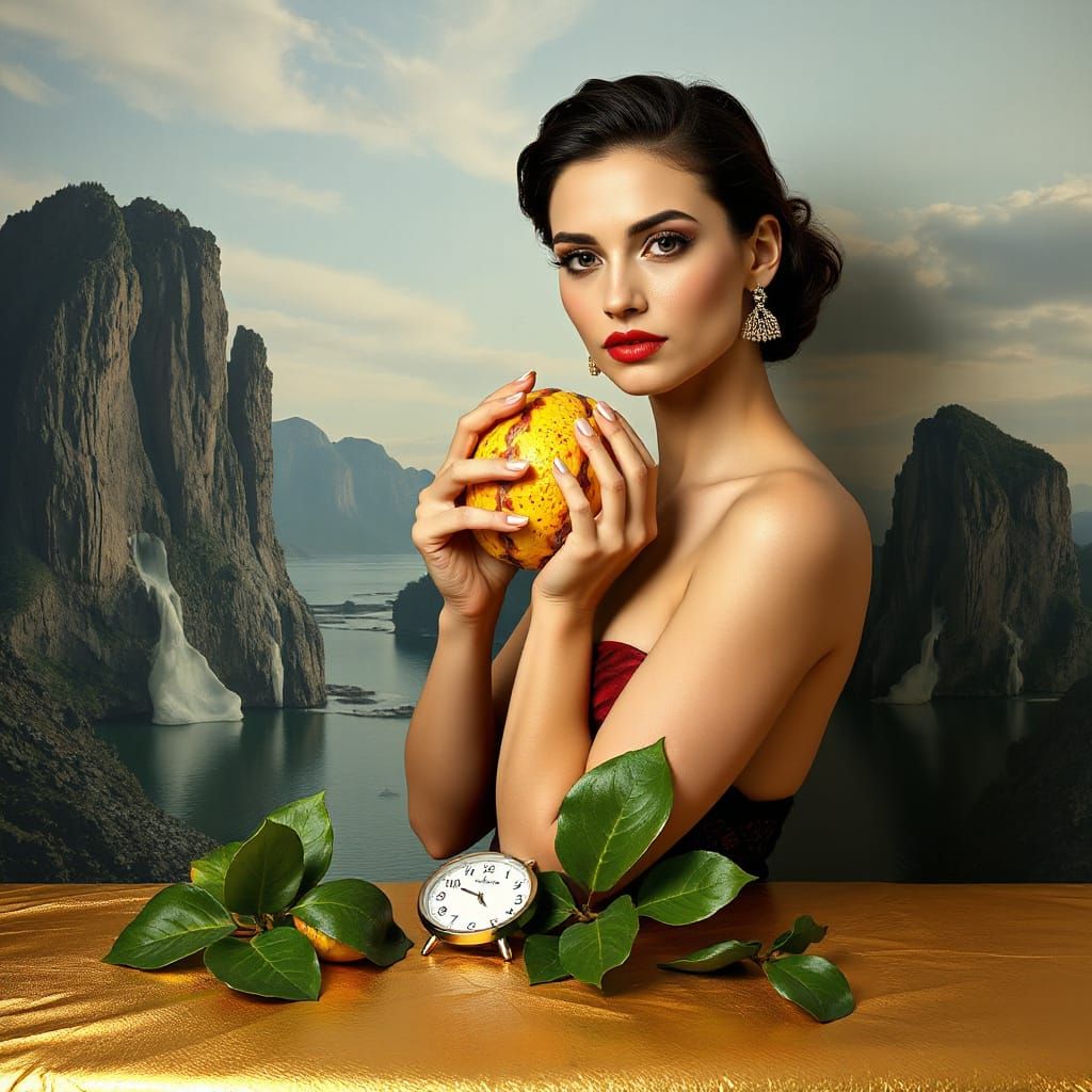 Woman with Fruit in Surreal Abstract Cubism