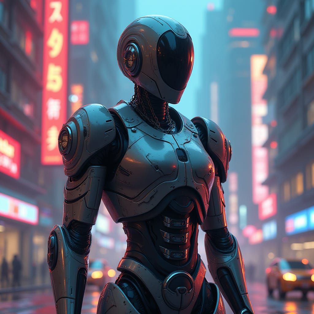 Futuristic Robot in Neon City: Cyberpunk Art