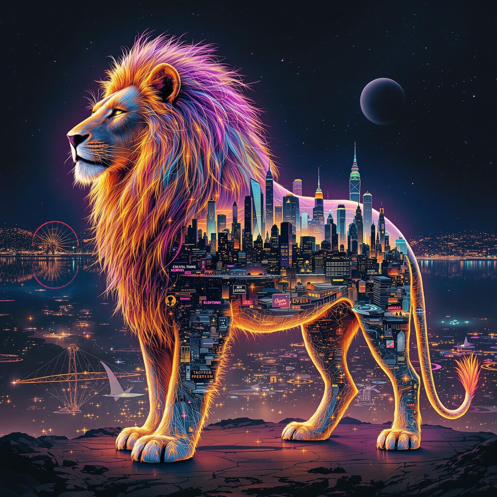 Regal Lion with Futuristic Cityscape on Its Back